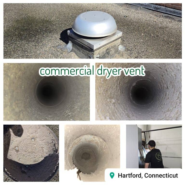 Commercial dryer vent cleaning collage showing before and after